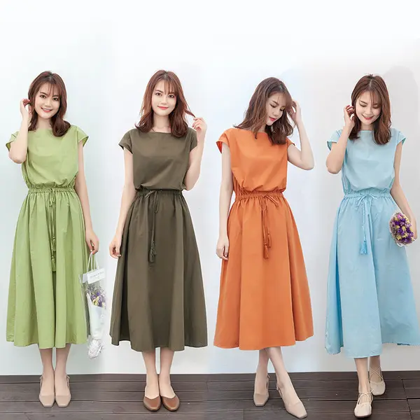 Mùa Hè Mới 2022 Phụ Nữ Lớn Váy Ngắn Tay Dây Rút Tua Rua Màu Rắn Cotton Linen O-cổ Loose Eo Midi Váy Dài