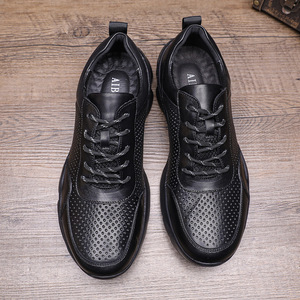 Genuine <b>Leather</b> Men's Summer Breathable Air Cushion <b>Sneakers</b> Round Toe Lace-up Rubber Outsole EVA Midsole Solid Style - Product Image 2