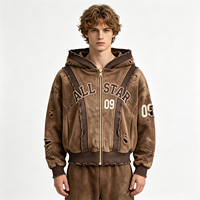 Dirty Spray Streetwear ALL STAR Sweat à capuche zippé marron délavé vintage avec bordure côtelée en coton épais pour homme