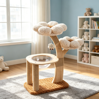 CottonPod 96cm Arbre à chat moderne grand luxe avec perchoirs en peluche blanche, bol en acrylique transparent, double plateforme, poteaux en sisal et jouet nuage