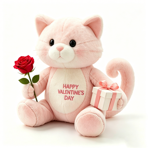customized Pink cat plush holding <b>red</b> rose and pink <b>ribbon</b> gift box, Ultra soft fluffy pastel pink cat plushie - Product Image 4