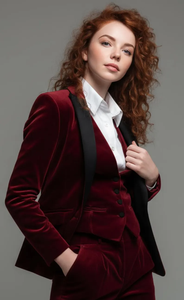 Ensemble de costume trois pièces en velours bordeaux de luxe pour homme – Veste de blazer formelle sur mesure avec gilet assorti et pantalon coupe ajustée - Product Image 4
