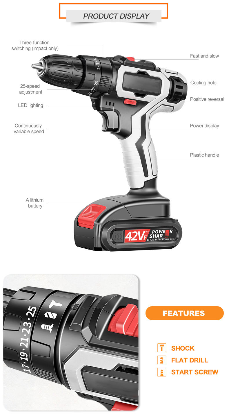 21V Factory Supply Cordless Power Tool Combo Hammer Screwdriver Drill Machine Power Drill kit