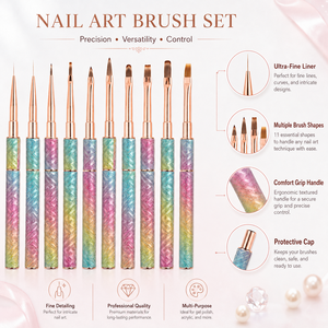 Ensemble de pinceaux à ongles avec manche métallique, pointes fines, rondes, ovales, plates et angulaires en nylon pour manucure - Product Image 1