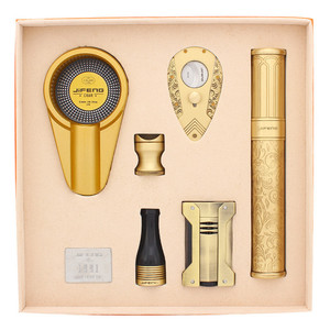Jaune doré Couleur Cigare Coffret cadeau 6 Pièces Briquet Tube Cendrier Ciseaux Pour Cigare Accessoire - Product Image 1