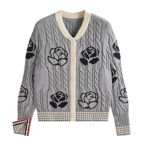 Women's Rose Intarsia Cable Knit <b>Cardigan</b> Slim Fit Floral Print Outerwear - Product Image 2