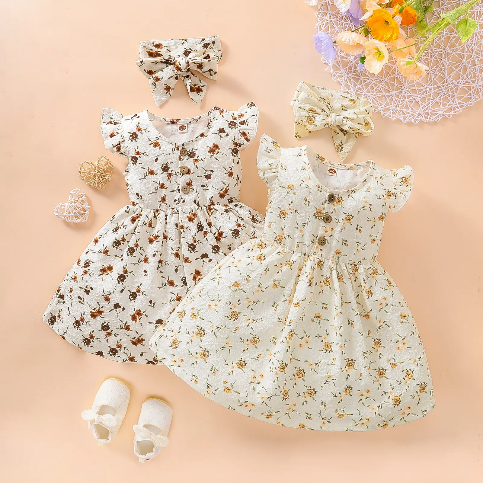 New Summer Infant Girl Dress abito con stampa a fiori con maniche a volant con fascia per bambini abiti per bambini per bambina