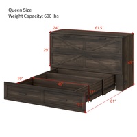 Lit escamotable Queen Size style farmhouse en chêne avec plateforme pliante, station de charge et grand tiroir de rangement