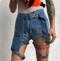 Nouvelle Conception De Style De Rue D'été Look Edgy Coupe Ample Sexy Denim Sangle sur Jambe Haute Taille Utilitaire Short En Jean femmes