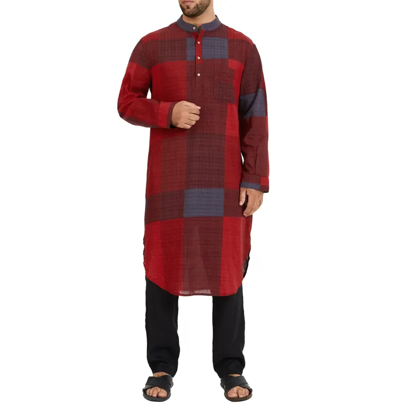 9199 мусульманская модная мужская Исламская кафтан с длинным рукавом и воротником-стойкой в клетку, винтажная повседневная одежда, хлопковая уличная одежда, кафтан, Jubba Thobe