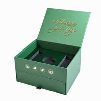 Boîte cadeau vert Leabon à deux niveaux avec couvercle rabattable, tiroir, insert en velours, logo personnalisé, emballage cosmétique, vente en gros, usine