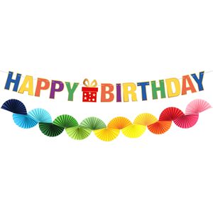 Bannière Joyeux Anniversaire Arc-en-ciel avec Guirlande de Ventilateurs en Papier Pré-attachée pour Décorations d'Anniversaire - Product Image 2