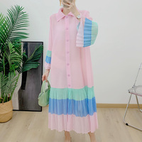 Nouvelle Robe Chemise Plissée à Volants Color Block Printemps-Été 2026 pour Femme, Manches Longues Décontractées Grande Taille Style Miyake