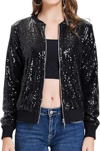Custom Design Size Color <strong>Womens</strong> Sequin Jacket with Pockets Casual Long Sleeve Front Zip Bomber <strong>Blazer</strong> - Product Image 3
