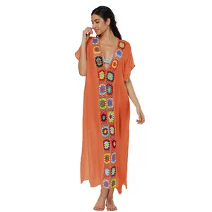 महिलाओं के लिए लंबी शिफॉन लेस कपड़े कवर अप कैजुअल वी लेस नेक छोटी आस्तीन वाली लेस समर ड्रेस