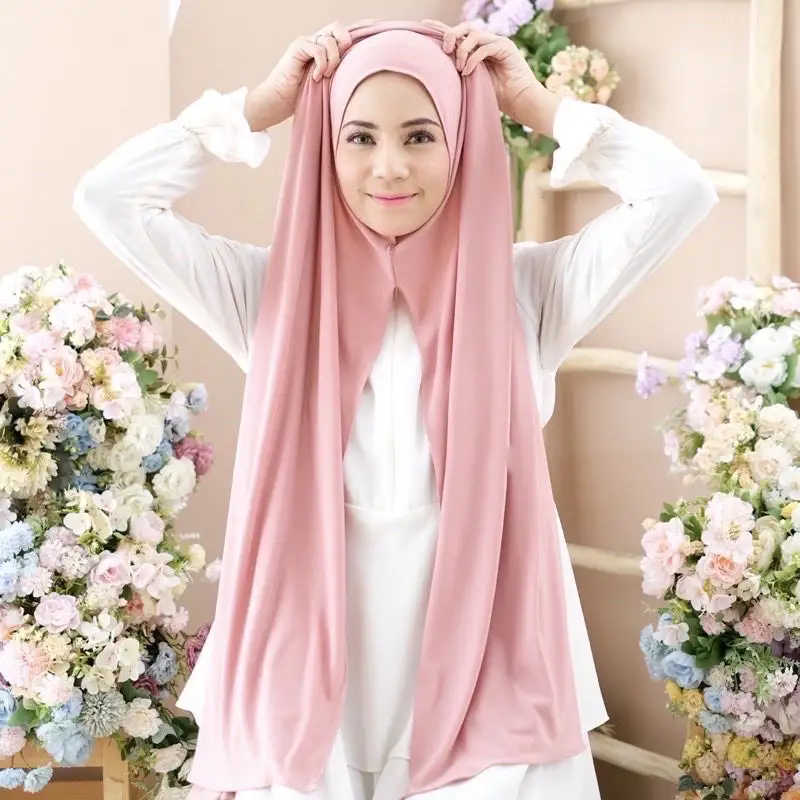 Plain Premium Instant Cotton Jersey Hijabs Scarves Fashion One Piece Set Ready To Wear Stretchy Cotton Jersey Head Hijabs Scarf