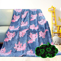 Couverture polaire jacquard tricotée écologique toutes saisons ultra douce brossée 100 % polyester rose traditionnel motif Salamandre Axolotl qui brille dans le noir