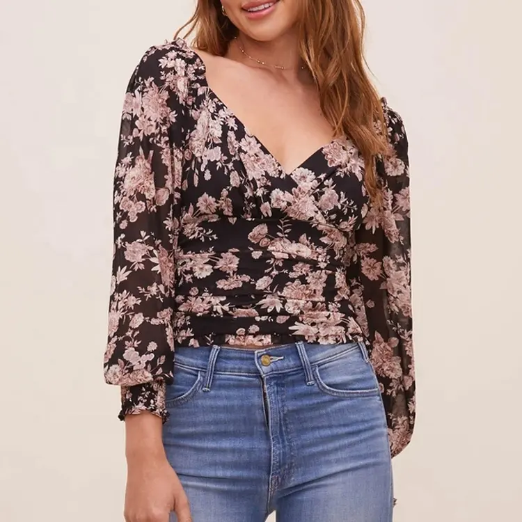 Blusa feminina manga comprida estampada, camisa feminina estampada floral manga bufante curta casual