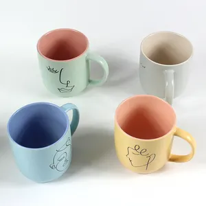 Line art simple design 12 oz mugs silk print cartoon coffee cup gift packs high quality ceramic mug for family members