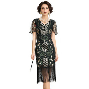 Cocktail Skirt 1920s Vintage <b>Sequined</b> Tassel V-Neck Sheath Evening Gown Natural Waistline S-4XL - Product Image 5