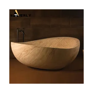 现代室内豪华独立式中式木纹大理石石材浴缸批发成人天然石材浴缸