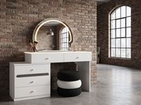Coiffeuse moderne avec miroir sur pied en panneaux de bois blancs, éclairée, avec tiroirs et tabouret, ensemble de meubles durables pour chambre d'appartement