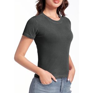 Camiseta Corta Básica para Mujer FOXA, Manga Corta, Cuello Redondo, Color Sólido, 100% Algodón, Transpirable, Estilo Jersey, para Verano - Product Image 3