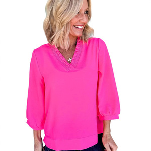 Hot Selling <strong>Neon</strong> <strong>Pink</strong> V Neck Three Quarter Sleeve Loose Casual Women Blouse <strong>Top</strong> Stock Wholesale - Product Image 3