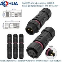 Connecteur circulaire M12 certifié IP68 étanche, de type soudable, à 2 broches, mâle-femelle, pour assemblage fil à fil