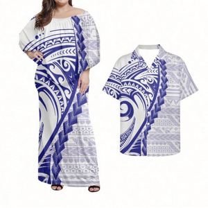 Factory Outlet Pareja Ropa Mujer Vestido de noche Combina Camisa de hombre Estampado de patrón polinesio Estampado Vestido blanco Mujer elegante - Product Image 1