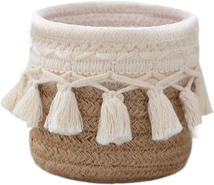 Cesta Tejida a Mano Estilo Bohemio, Contenedor Pequeño de Almacenamiento de Cuerda de Algodón con Flecos de Macramé <span class=keywords><strong>para</strong></span> Herramientas Cosméticas, Organizador de Escritorio y Papelería - Product Image 4