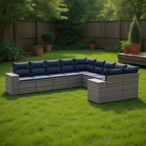 Ensemble de canapés de jardin en polyrotin d'extérieur, 10 pièces, gris avec coussins, style contemporain - Product Image 2