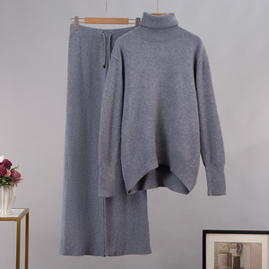 Pullover largo invernale a collo alto tinta unita pantaloni larghi lavorati a maglia da <span class=keywords><strong>donna</strong></span> 2 pezzi completo maglione da <span class=keywords><strong>donna</strong></span> - Product Image 1