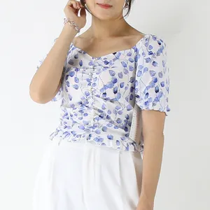 Blusa feminina com estampa Yindian de manga curta retrô francesa estampada com bolinhas azuis