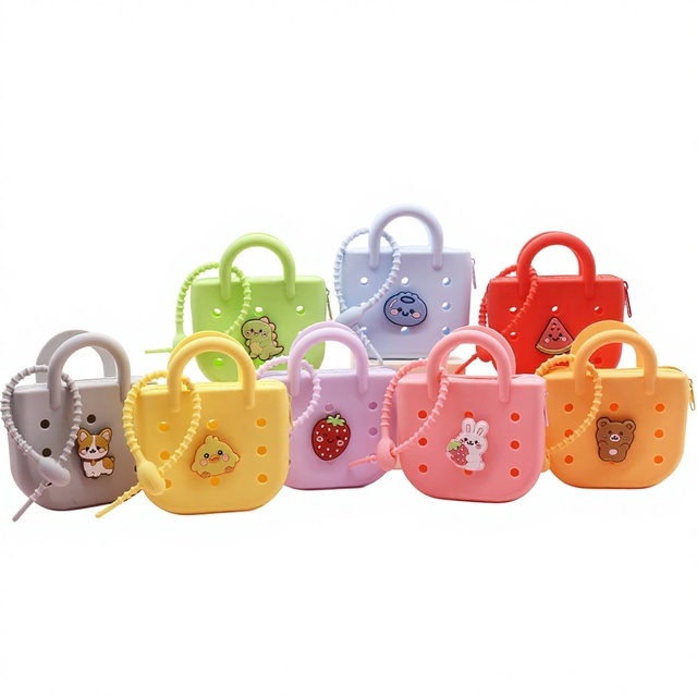 Cute Cartoon Silicone Mini Handbag Kids DIY Hole Bag Waterproof Coin Purse for Girls Candy Color Portable Storage Pouch