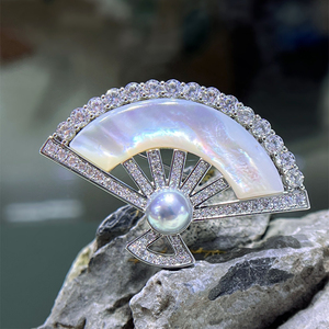 Broche en forme d'éventail avec perle de culture Akoya <span class=keywords><strong>Madama</strong></span> de 8-9 mm, entièrement pavée, style vintage, pour manteau, écharpe, bijou - Product Image 5