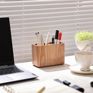 Kunden spezifischer Natur-Eichenholz-Stift halter mit praktischem Rechteck-Design Zwei Tassen Office <span class=keywords><strong>Organizer</strong></span> - Product Image 3