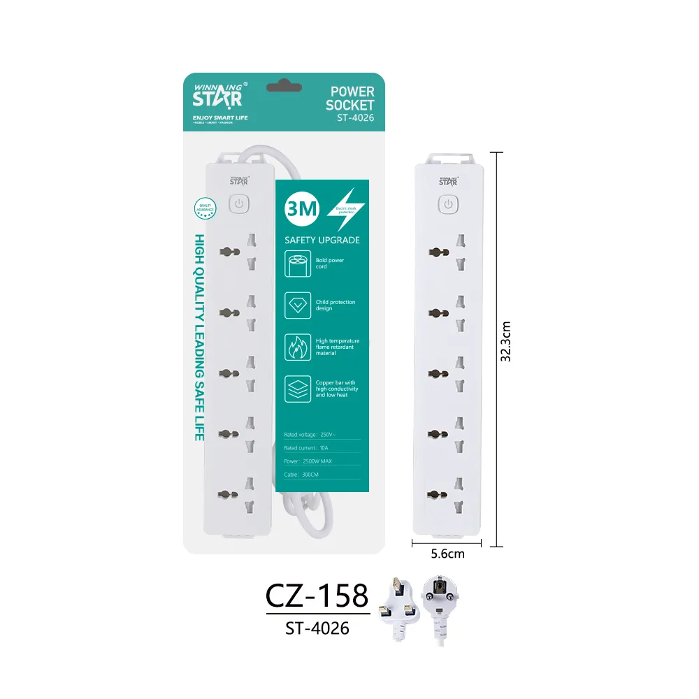WINNING STAR ST-4026 Universal UK EU Outlets Extension Charging Switch Power Strip Sockets