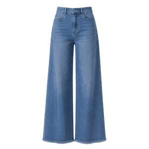 Jean en denim taille mi-haute à jambe large, en coton léger délavé, coupe ample, bleu uni, style vintage déchiré, respirant, style automne - Product Image 4