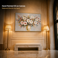Peinture murale sur toile à l'effeuillage doré à la française, motif vase et bouquet floral mixte, pour mur de salon au-dessus du canapé