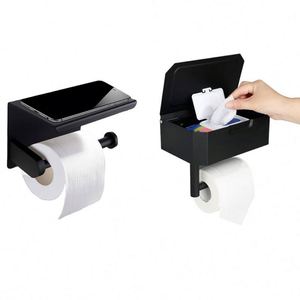 Porte-papier toilette WEKIS en acier inoxydable noir avec étagère, à fixer au mur, pour salle de bain et cuisine, design moderne - Product Image 1