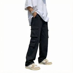 <b>Men</b> Black Cargo Pants Loose Fit Multi Pocket <b>Wide</b> <b>Leg</b> Straight Casual Streetwear Elastic Waist Canvas <b>Trousers</b> - Product Image 1