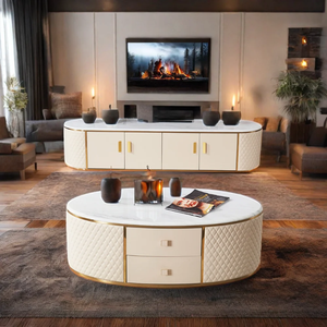Soporte de suelo de TV moderno dorado y blanco moderno de mediados de siglo soporte de TV con estantes soporte de TV de chimenea - Product Image 1
