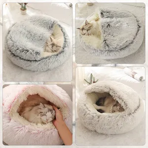 Winter Long Plush Pet Bed Round Cat Cushion Cat House 2 In 1 Warm Pet Basket Dog Sleep Bag Dog Nest Kennel