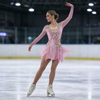 Robe de patinage et de danse rose pour enfants et adultes, en maille à manches longues, avec strass et découpes florales au dos, pour compétition et spectacle de patinage sur glace