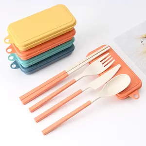 Hot Sale Wheat Straw Folding Portable Cutlery Storage Box Gift Set Cutlery Knife Fork Spoon Chopsticks Three-piece Set
