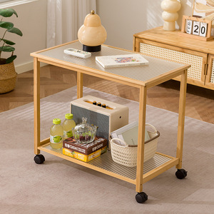 <b>Bamboo</b> Tempered Glass <b>Coffee</b> <b>Table</b> Small With Wheels For Living Room Or Office Use - Product Image 1