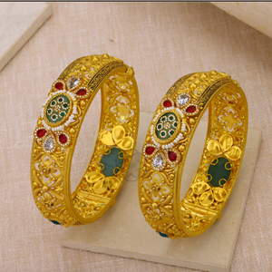 Elegant handcrafted jewelry for bridal and festive wear gold bangles with intricate filigree design green and red <b>stones</b> bangles - Product Image 3