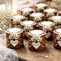 Bougie parfumée en cire de soja avec fleurs séchées et étiquette personnalisée en forme de cœur pour mariage, fête prénuptiale ou anniversaire