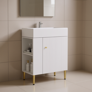 Meuble-lavabo blanc pour salle de bain, 21,6 pouces, avec lavabo simple en céramique, rangement latéral gauche, design moderne sur pied - Product Image 2